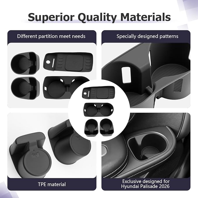 LUWU 2026 Palisade Accessories Compatible with 2026 Palisade SE/SEL/XRT/Limited/Calligraphy Accessories Center Console Silicone Cup Holder&Wireless Charging Mat&Rear Cup Holder 4PCS(Only for 7-Seat)