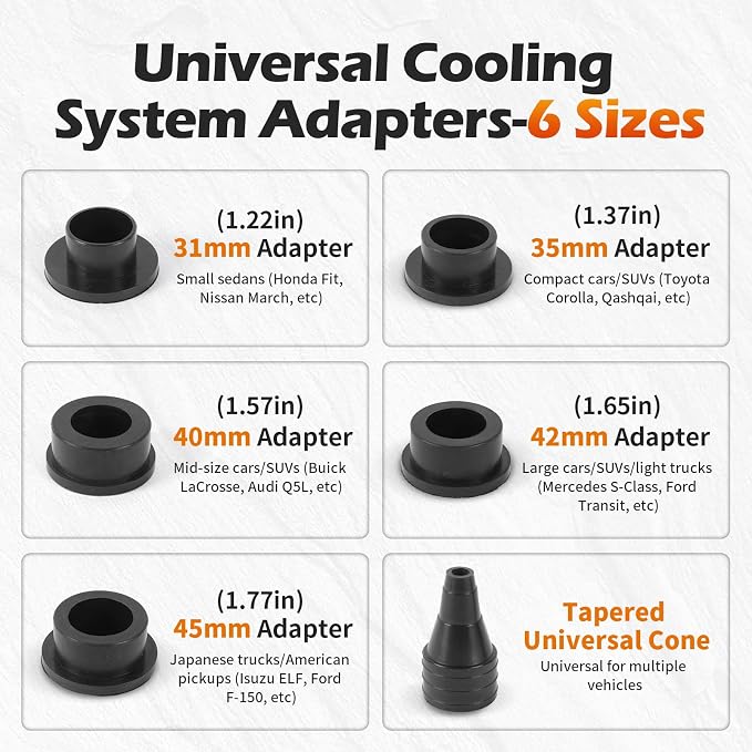 BELEY Coolant Vacuum Refill Kit, 9pc Auto Radiator Cooling System Tool Set with Conical Adapter 5 Round Adapters for Leak Detection Cooling Refill, Vacuum Coolant Fill Kit with Splashproof Hose
