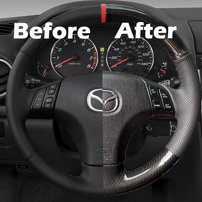 Hand-Stitched Gloss Carbon Fiber Steering Wheel Wrap for Mazda 3 Axela 2004-2009 / Mazda 5 2004-2010 / Mazda 6 Atenza 2003-2008 / Mazda RX-8 2004-2008 Interior Steering Wheel Protection Skin Cover