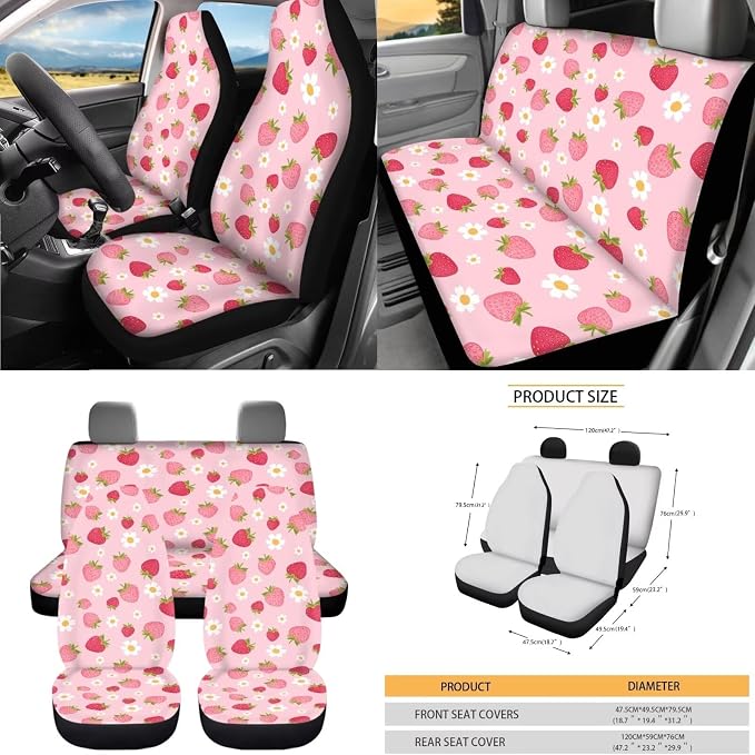 Dreaweet Pink Car Seat Covers Full Set for Women Cute Strawberry Car Accessories Steering Wheel Cover Seatbelt Covers Car Coasters Trash Can Vent Storage Holder Rear View Mirror Cover Keychain 15 Pcs