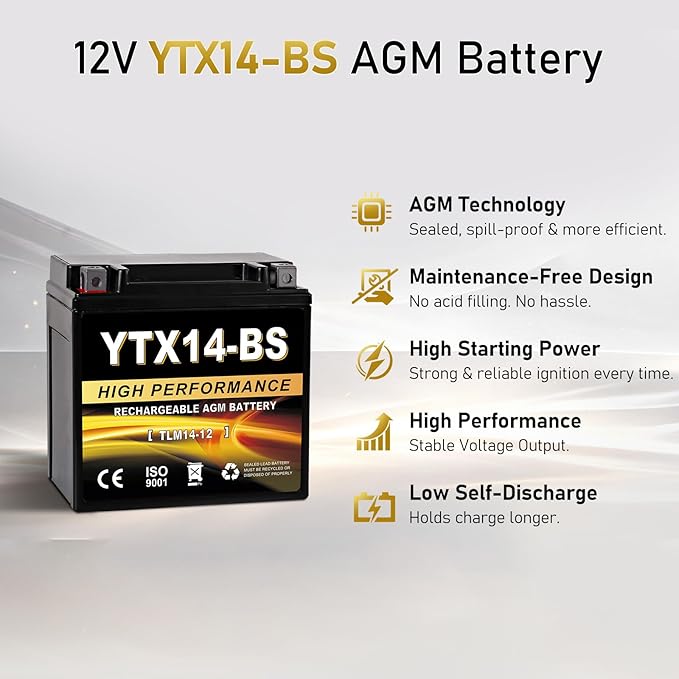 YTX14-BS 12V 14Ah AGM Sealed Motorcycle Battery, Maintenance-Free, Compatible with Honda, Yamaha, Kawasaki, Suzuki, and UTVs, Jet Skis, Snowmobiles