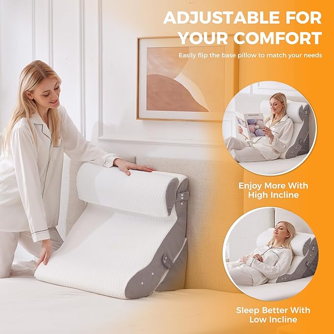 Ruqmuis 4PCS Wedge Pillow Set for After Surgery, Adjustable Back Pillow for Bed Sitting up, Acid Reflux, Bed Wedge Pillow Headboard for Sleeping & Snoring, Orthopedic Pillow for Post Surgery, White
