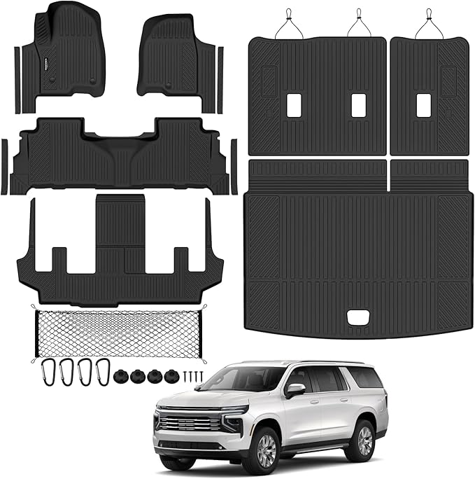 Tongama-Floor Mats for 2021-2024 Chevy Suburban/GMC Yukon XL 7 Seats with Bucket Seats, All Weather TPE Trunk Mat & 3rd Row Backrest Mats & Cargo Net & Door Sill Guards for Suburban Accessories