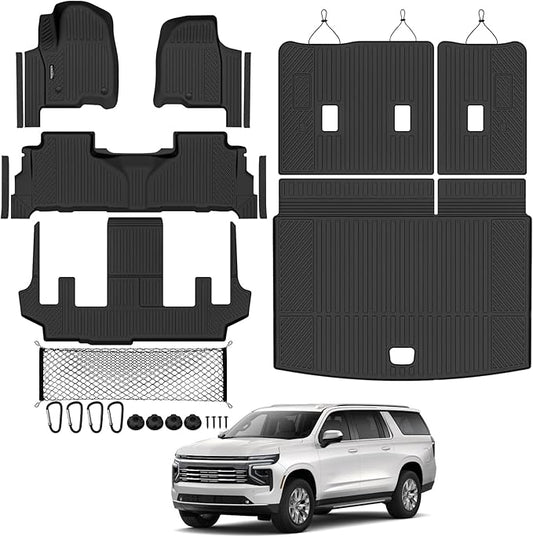 Tongama-Floor Mats for 2021-2024 Chevy Suburban/GMC Yukon XL 7 Seats with Bucket Seats, All Weather TPE Trunk Mat & 3rd Row Backrest Mats & Cargo Net & Door Sill Guards for Suburban Accessories