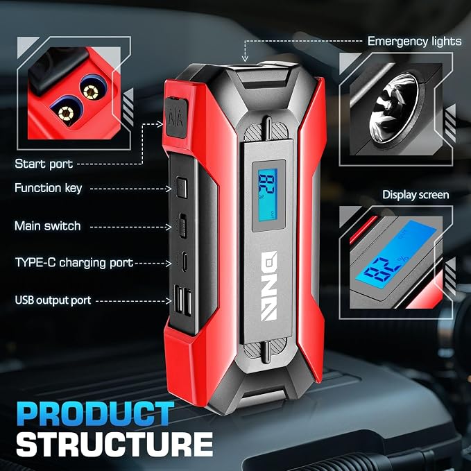‎DNA Motoring TOOLS-00214 12V 1500A 15000 mAh Multi-Function Portable Car Battery Jump Starter for Up to 7.0L Gas & 5.5L Diesel Engine, with Carry Case, Red