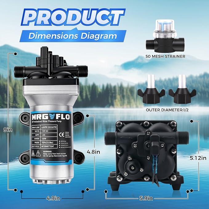 [Upgraded Version] 110V AC RV Fresh Water Pump, 6GPM 75PSI, Five Chamber Self-Priming Diaphragm Pump with Heavy Duty Pressure Switch & Strainer for RV, Marine, Yacht, Caravan, Camper