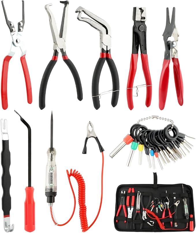 Automotive Electrical Disconnect Pliers Kit with 7 Pliers, 18 Terminal Removal Tools, Digital Voltage Test Pen & Storage Bags, Electrical Connector Removal Tool for Roadside Repairs on Most Cars