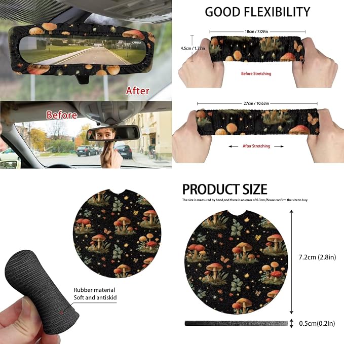 Mushroom 15Pcs Car Seat Cover Full Set Car Steering Wheel Cover Seat Belt Cover Trash Bin Front Rear View Mirror Car Cup Holder Keychain
