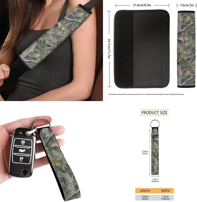 15 Pcs Green Camouflage Car Seat Covers Full Set for Women Men Car Accessories Interior Car Steering Wheel Cover Seatbelt Covers Trash Bin Rear View Mirror Cover Cup Holders Keychain