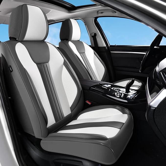 Huidasource Universal Car Seat Covers, Waterproof Faux Leather, Airbag Compatible, Easy Install, Preserve Cup Holders and Seat Functions, Great for Daily & Outdoor Use, Gray & White