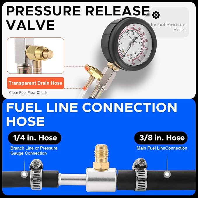 Fuel Pressure Detector kit 0-140 PSI, Universal Fuel Injection Pump Pressure Gauge kit with Quick Release Valve. ((TU-114Black)