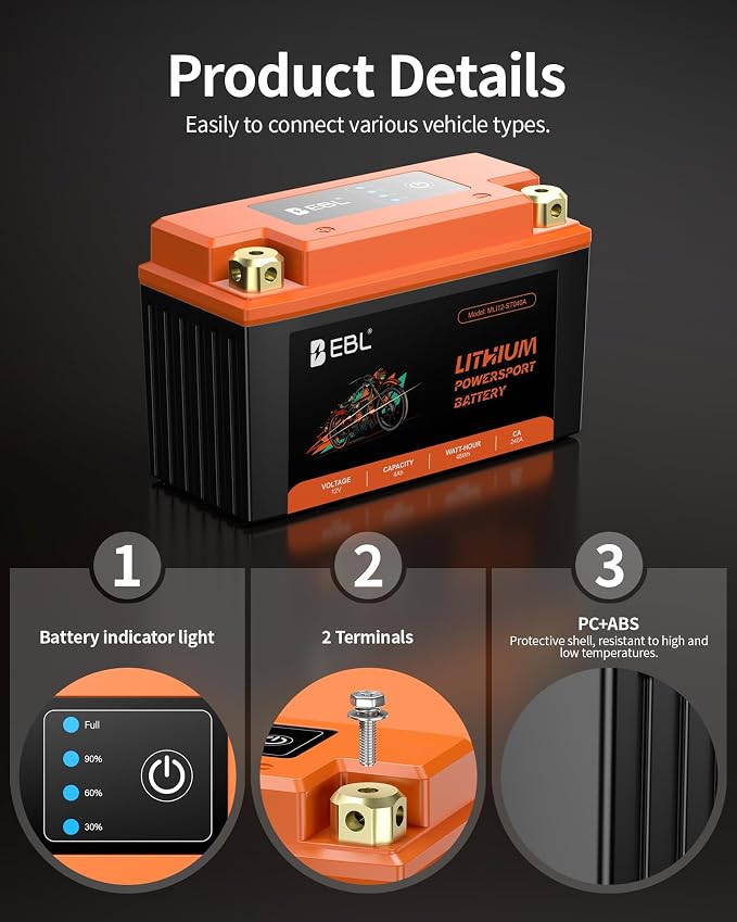 EBL Lithium YT9B-BS, 120CCA Lithium LiFePO4 Motorcycle Battery, 12V 4Ah ATV, UTV, Jet Ski, 4 Wheeler, Quad, Riding Lawn Mower, Tractor, Scooter, PWC, Seadoo, Polaris and Generator Battery.