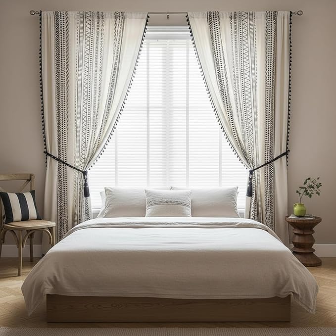 ColorBird Boho Curtains 2 Panels Modern Farmhouse Decor Black and White Striped Geometric Aztec Western Window Treatment Cream Curtain & Drapes for Living Bedroom Dining Room 63 Inch Length
