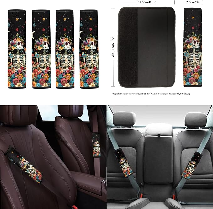 Skeleton Print Automotive Seat Covers Full Set Hippie Flower Print Front and Rear Split Bench Seat Cover Headrest Covers Steering Wheel Cover Safety Belt Pad Armrest Cushion