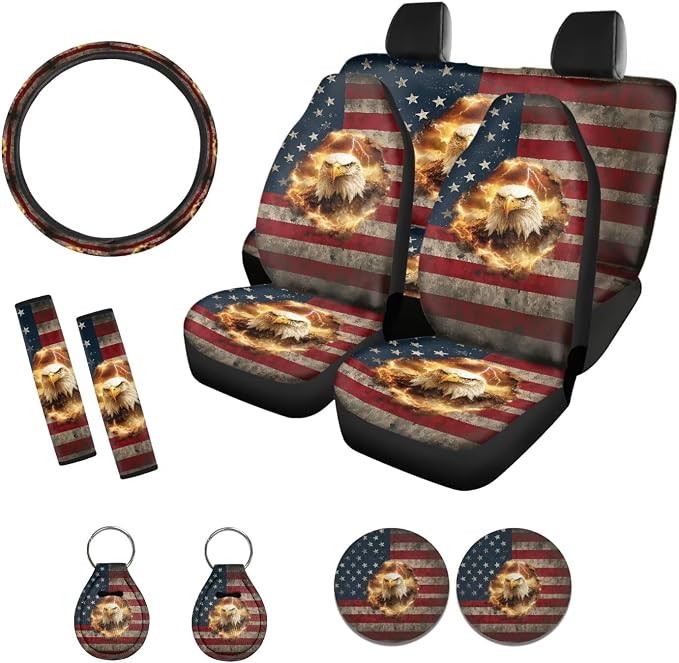 Xoenoiee American Flag and Eagle Car Seat Cover Front & Rear Seat Cover with Steering Wheel Cover + Seat Belt Cover+ Cup Coasters+ Key Chains Universal Fit for Van Truck SUV