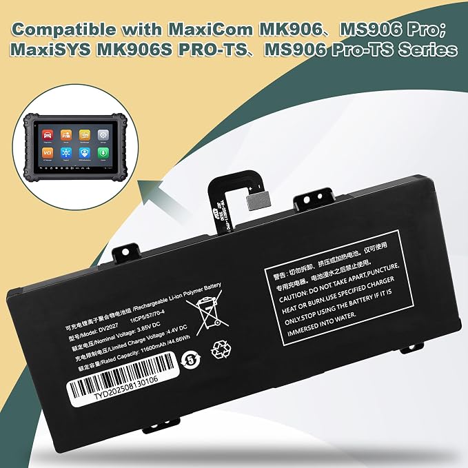 for Autel DV2027 Battery Replacement: for Autel MaxiSYS MS906 Pro MS906 Pro-TS MaxiCOM MK906 Pro MK906 Pro-TS MK906S PRO-TS MK906S PRO Lithium Battery 11600mAh