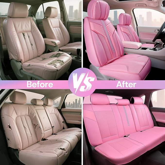 CAR PASS Pink Nappa Leather Seat Covers, Cute Girly Car Seat Covers Full Set for Women, Luxury 3D Sponge Support Waterproof Car Seat Protector, Universal Fit SUV Pick-up Truck Sedan Automotive