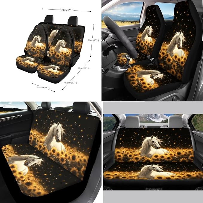 Xoenoiee Horse Sunflower Black Pattern Car Seat Covers and Accessories, Front Rear Seat Covers, Steering Wheel Cover, Seat Belt Pads, Coasters, Keychains for Car SUV Decor, 11 PCS Set