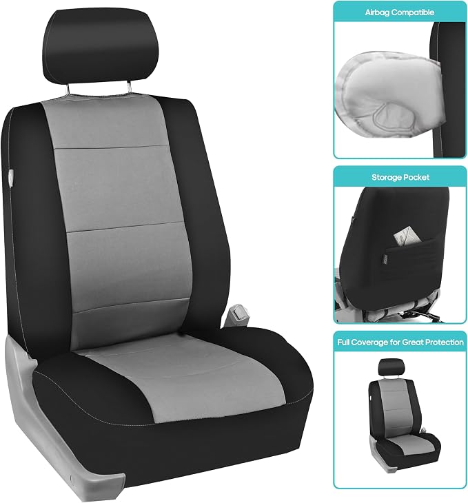 FH Group Car Seat Covers Three-Row 7 Seater Neoprene Waterproof Car Full Set Seat Covers, Airbag Ready and Split - Fit Most Car, Truck, SUV, or Van (Gray/Black)