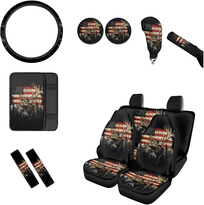 BIGCARJOB American Flag Seat Covers Full Set for Car Universal Auto Front Rear Seat Protector 12 Pcs Elk Steering Wheel Covers,Armrest Pads,Seat Belt Pads