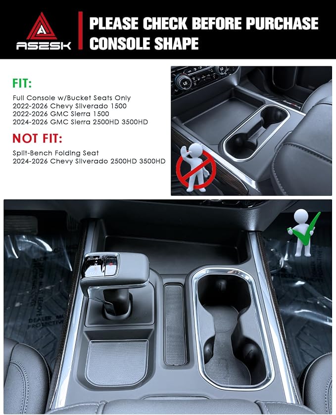 Refreshed Models 2022-2026 Chevy Silverado 1500/GMC Sierra 1500&2024-2026 Sierra 2500HD 3500HD 2PCS Center Console&Armrest Cup Holder Inserts - Full Console w/Bucket Seats Only