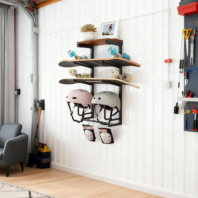 Skateboard Wall Mount Rack — Horizontal Multi-Board Display Shelf & Hanger, Longboard Deck Cruiser Holder, Wooden Helmet Stands & Accessories Hooks, Home Garage Wall Storage Organizer (Black)