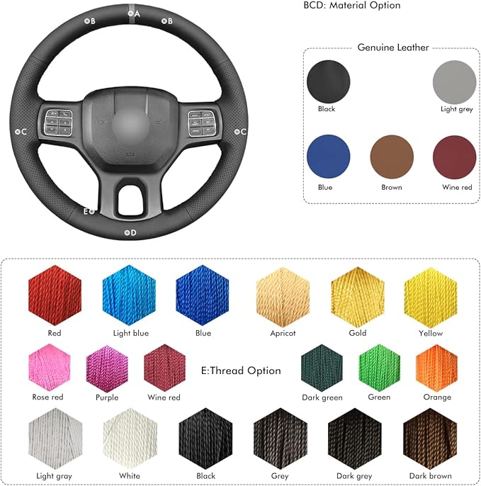 MEWANT Hand Sew Grey Stripe Black Genuine Leather Steering Wheel Wrap for Dodge RAM 1500 1500 Classic 2500 3500 5500