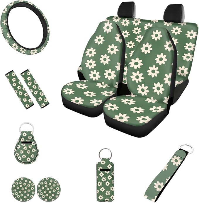Green Groovy Flower Car Seat Cover 12 Pcs Full Set Floral Auto Steering Wheel Cover 15 Inch，Seatbelt Pad,Keychains Balm Lip Holder Case Absorbent Coasters Decoration Interior Accessory Set