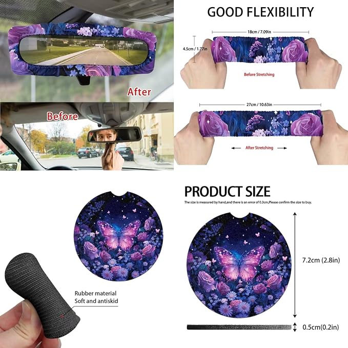 Purple Rose Butterfly 15Pcs Car Seat Cover Full Set Car Steering Wheel Cover Seat Belt Cover Trash Bin Front Rear View Mirror Car Cup Holder Keychain