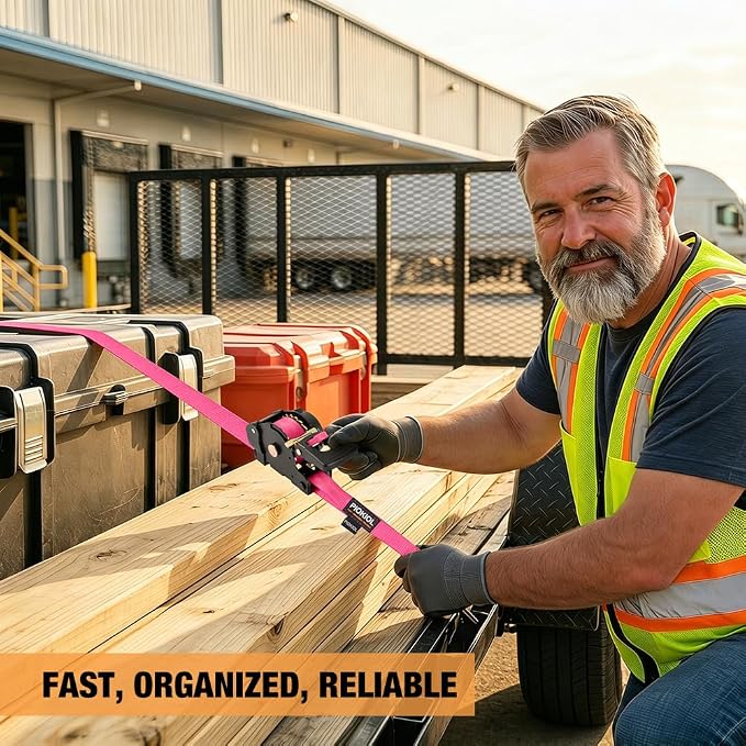Retractable Ratchet Straps (4-Pack) - 1 Inch x 10 Feet (1,764lb Break Strength) - Heavy Duty Auto Self Retracting Tie Down Straps for Truck, Cargo Trailer, Motorcycle, ATV, UTV – Pink
