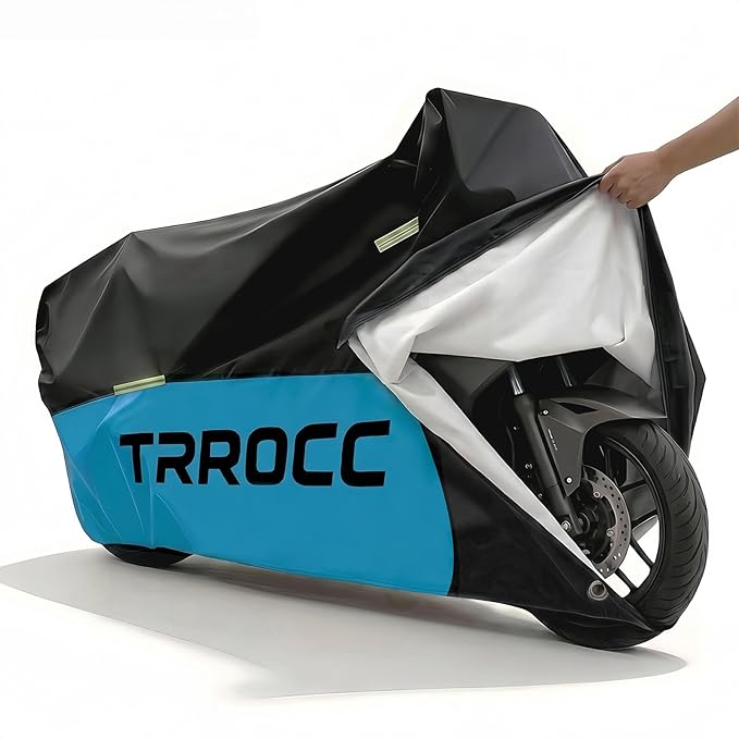 300D Heavy Duty Motorcycle Cover Waterproof Outdoor, Quad Cover for BMW, Harley, Yamaha, Lined with Cotton, Touring, Sportbike, Scooter, Powersports Vehicle Covers, 4XL Black & Blue