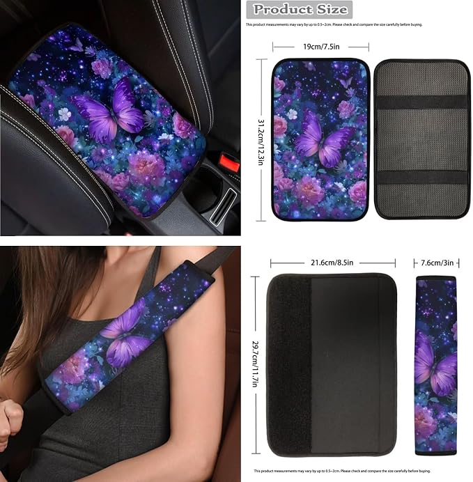 Purple Rose Butterfly Car Seat Covers Full Set for Women Cute Car Accessories Seat Cover with Wheel Cover Seatbelt Covers Car Coasters Trash Can Car Headrest Pillow Covers Armrest Pad