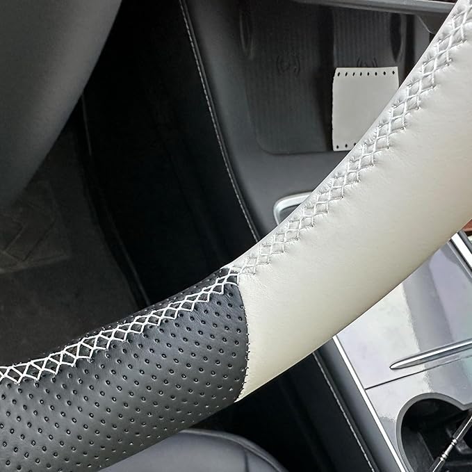 MEWANT DIY Hand Stitch Steering Wheel Cover for Tesla Model Y Model 3 Black Beige Faux Leather Steering Wheel Wrap