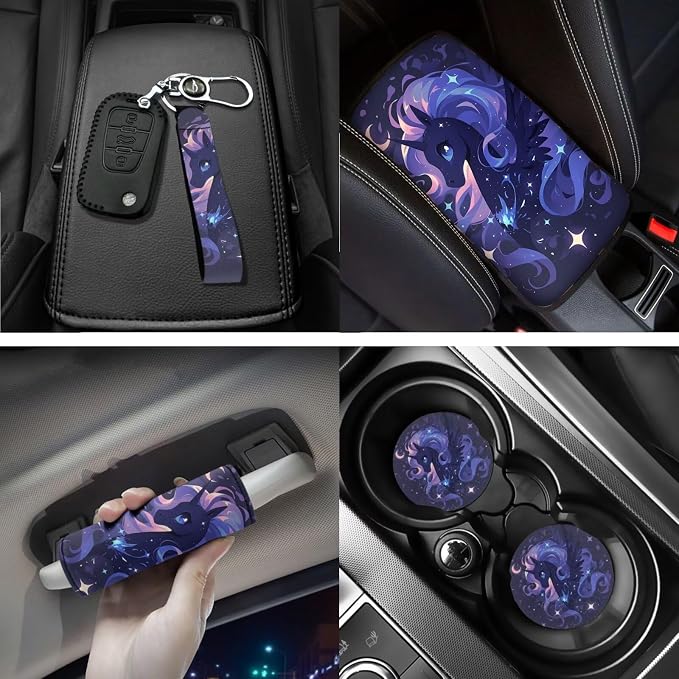 18 Pcs Beautiful Pegasus Car Interior Accessories Set for Women, Car Seat Covers with Steering Wheel Cover Floor Mats Armrest Pad Seat Belt Pads Roof Handle Wraps Cup Coaster Keychain