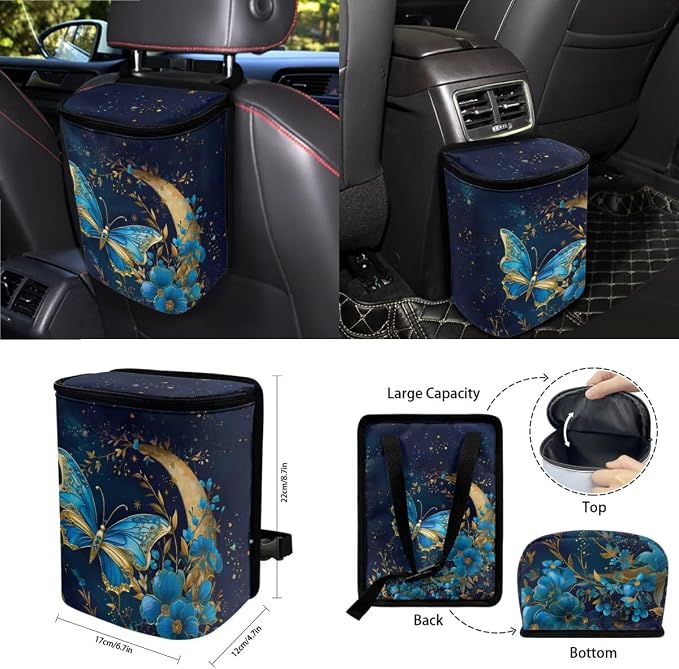 Moon Butterfly Floral Print Car Seat Cover Set Steering Wheel Cover Seatbelt Strap Pad Cup Coasters Air Vent Storage Holder Garbage Cans Rearview Mirror Covers Key Chain, 15 Pack