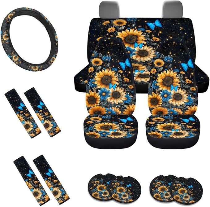 Sunflower Butterfly Daisy Print Car Seat Covers Full Set, Car Accessories Set of 13, Universal Fit Steering Wheel Cover + Safe Belts Cover + Coasters with Notch for Trucks SUV Van