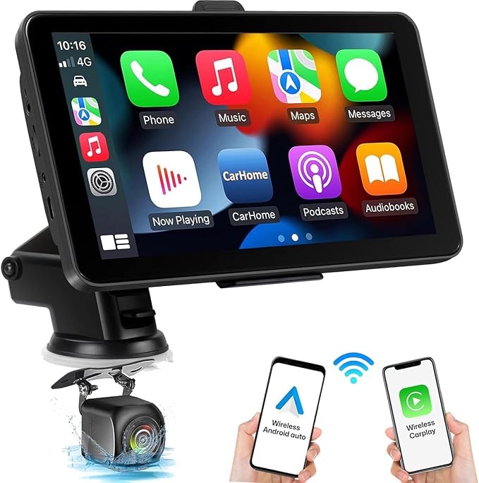 7" Wireless Apple CarPlay & Android Auto Car Screen, HD Portable/Double Din Car Stereo with GPS Navigation, Backup Camera, Voice Control, Bluetooth, FM Radio for All Cars