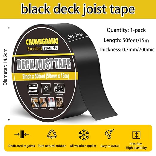 Black Decking Tape for Beam,2inx50ft,1-Pack,Black Joist Deck Tapes,Deck Tape Joist,decking,Roofs Beams,RV,Doors,and Fences,Anti-Corrosion,Weather-Resistant