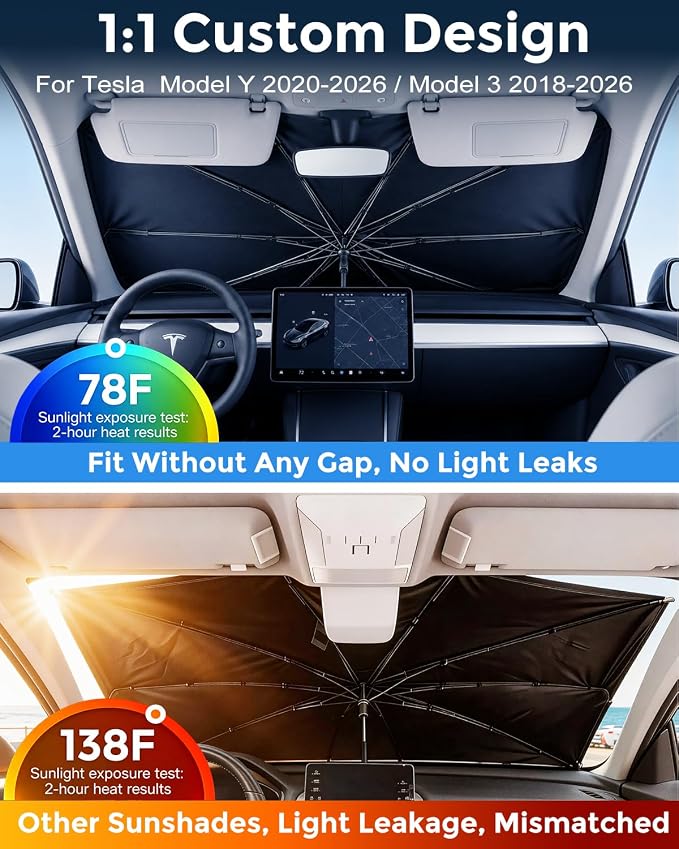Weektic Windshield Sun Shade Umbrella for Tesla Model 3/ Model Y 2018-2026, Double Thickened Ice Crystal Coating, Sun & Heat Protection, Keep Vehicle Cool & Protect Interior