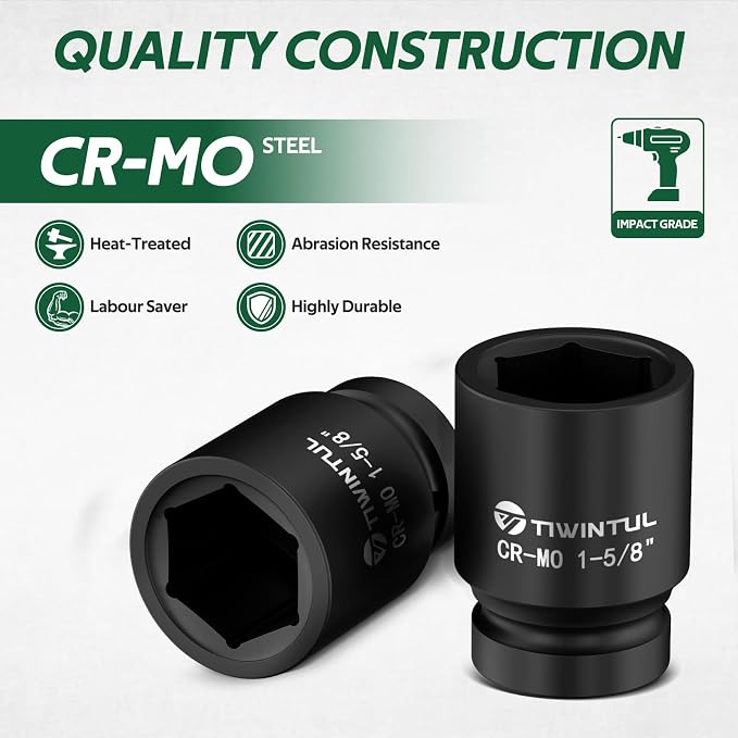 1-5/8" Impact Socket 1" Drive, 6 Point Design, CR-MO Large Impact Socket, ANSI Certified, Heavy Duty Socket 1 Inch Drive for Truck Axle Nuts, Heavy Equipment, Mining & Fleet Repair