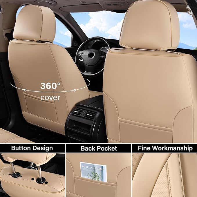 Coverado Waterproof Nappa Leather Car Seat Covers, Automotive Fullset Seat Covers, 5 Seat Car Seat Cushion & Car Seat Protector, Beige Front and Rear Covers Universal Fit for Most Cars, SUVs, Trucks