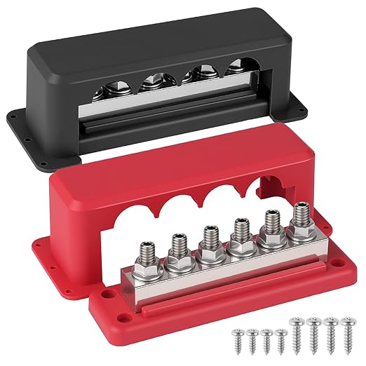 CNSPEED﻿ 2Pcs 600A Bus Bar Power Distribution Block 12-48V Terminal Block 6x3/8(M10) Studs Marine Battery Bus Bar with Waterproof Cover Quick Mount for Automotive Car Boat Solar System Red & Black