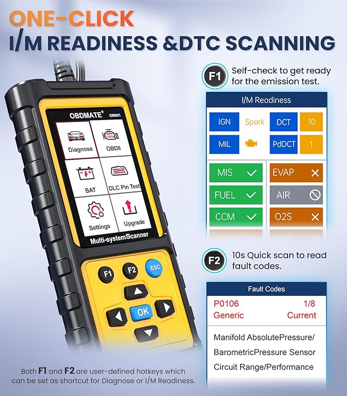 OBD2 Scanner with ABS SRS Transmission, Reset Fault Lights | Check Engine Code Reader with Full OBDII Functions | DLC Pin Test | Battery Voltage Check, Car Diagnostic Tool