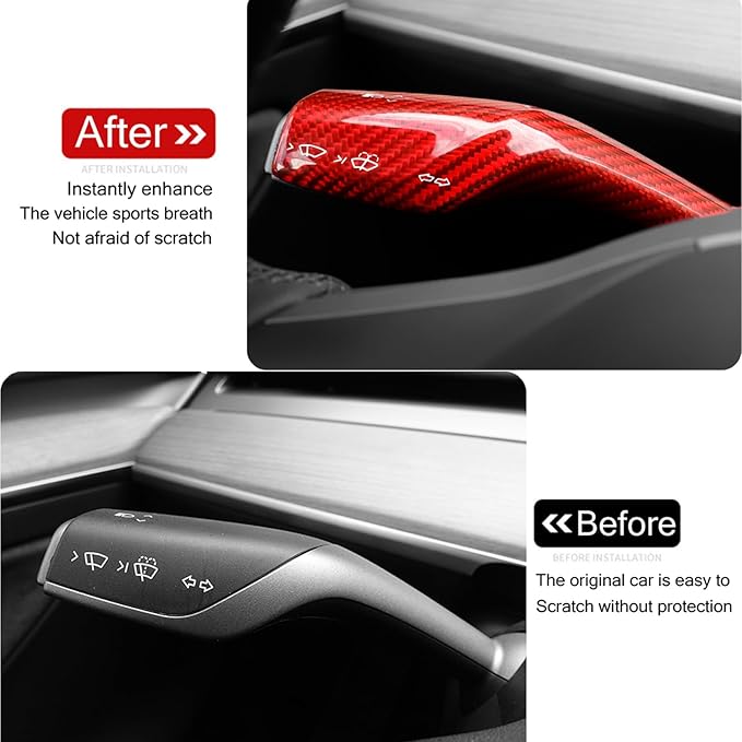 Fit Tesla Model 3 Y 2021-2023,Real 3K240G Carbon Fiber Steering Wheel Column Gear Shift Cover Gear Lever Decoration Accessories 2pcs(Premium Mateal) (Gloss Red)
