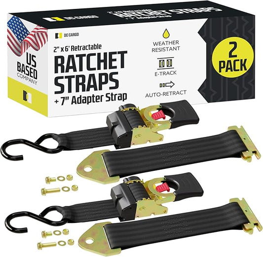 DC Cargo Mall Bolt-on E Track Auto Retractable Ratchets Straps Heavy Duty (2 Pack) 2 Inch x 6 Ft - Retractable Ratchet Tie Down Straps for Boats, Jet Skis, Motorcycles, ATVs - 4,000 lbs Break Strength