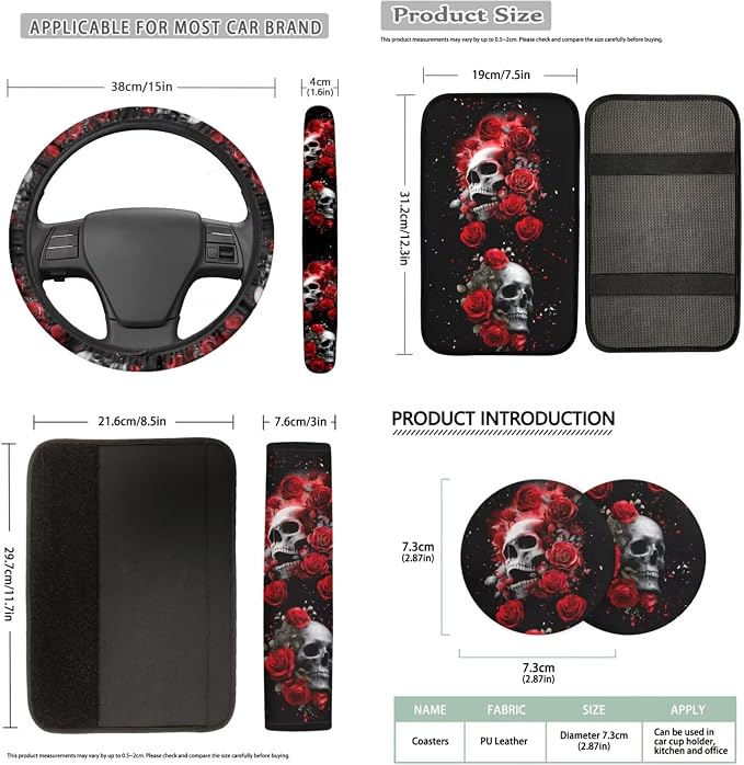 Bulopur Gothic Skull Red Rose Vehicle Seat Covers Front and Backseat with Matching Car Armrest Pad 15 Inch Steering Wheel Cover Auto Seat Belt Covers Coasters Automotive Interior Decor Set