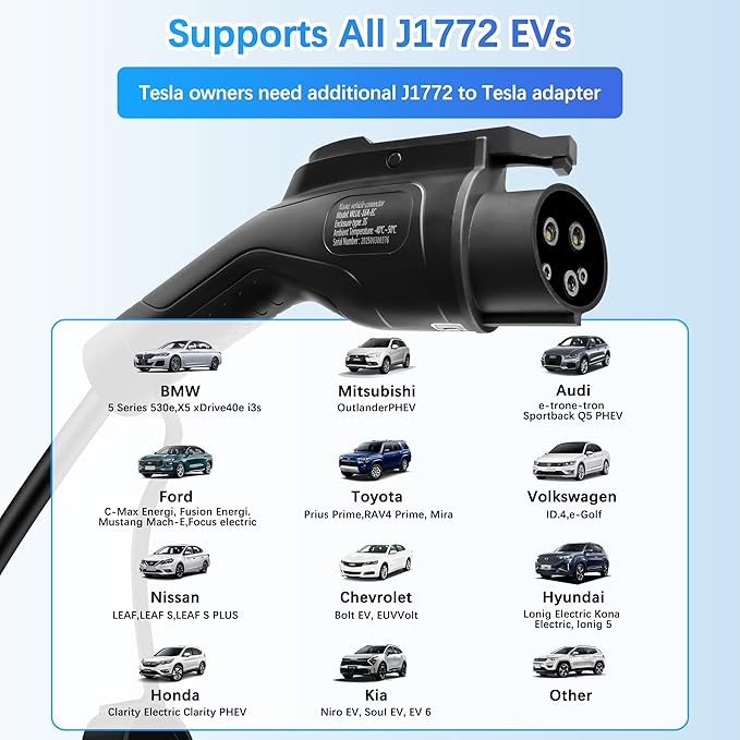 Level 1 EV Charger - 2.8 Inch LED Touch Screen, 25FT, 110V/240V, 16 Amp, and NEMA 6-20 & NEMA 5-15 Plug Adapter - Portable Electric Car Charger for J1772 EVs and Plug-in Hybrid Vehicles