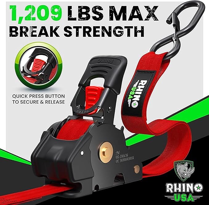 Rhino USA Retractable Ratchet Straps (4-Pack) - 1 Inch x 10 Feet (1,209lb Break Strength) - Auto Self Retracting Tie Down Straps for Truck, Cargo Trailer, Motorcycle, ATV, UTV - Red