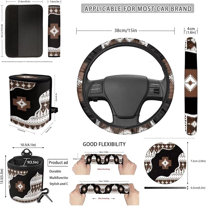 Dreaweet Navajo Seat Covers for Cars Full Set with Steering Wheel Cover Seatbelt Covers Car Coasters Trash Bag Air Vent Storage Bag Rearview Mirror Cover Keychain,Universal Car Accessories 15 Pcs
