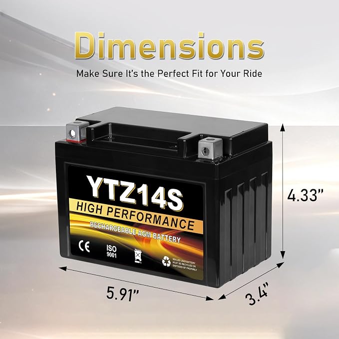 YTZ14S 12V 11.2Ah AGM Sealed Motorcycle Battery, Maintenance-Free, Compatible with Honda, Yamaha, BMW Motorcycles & Scooters
